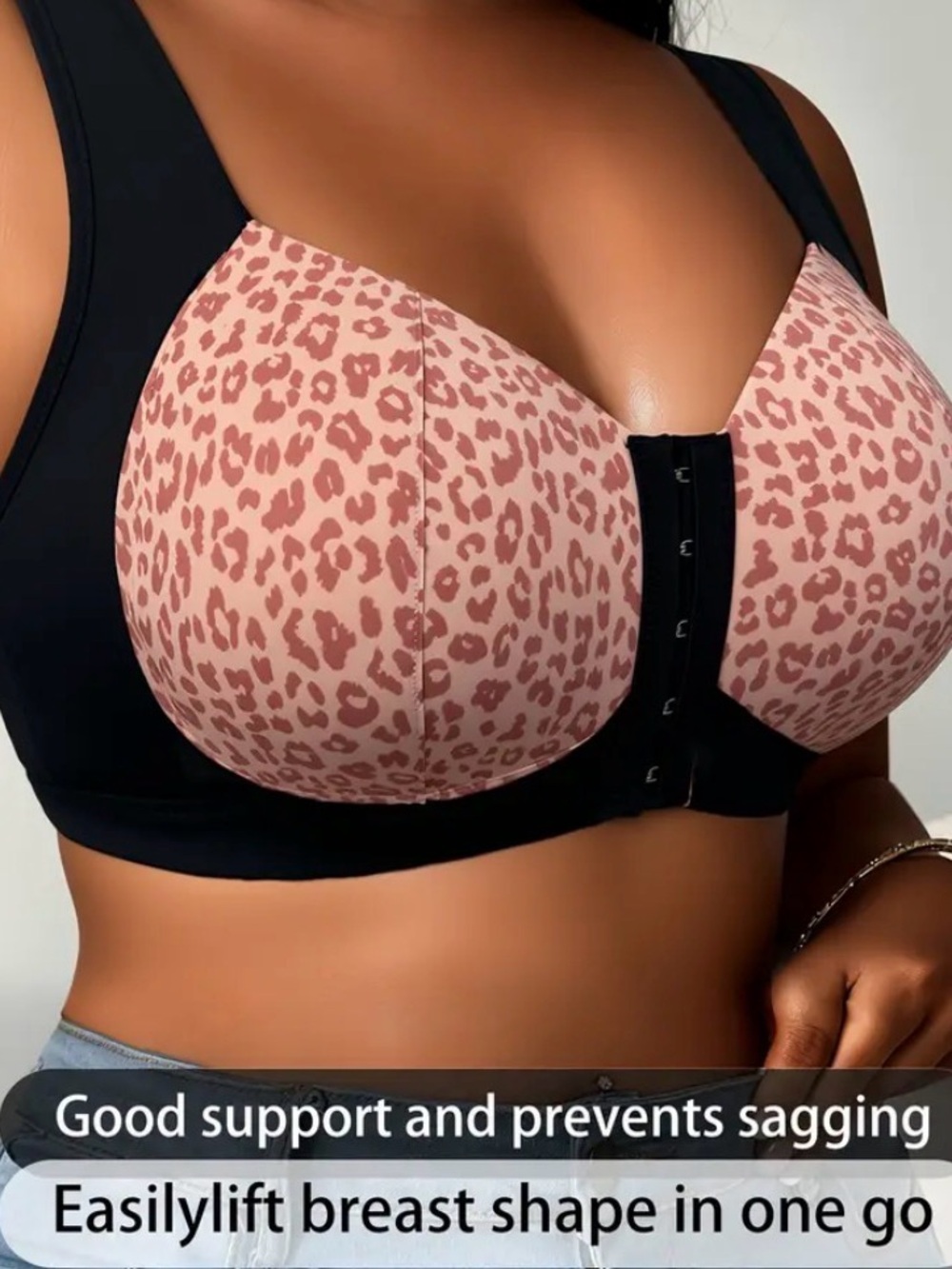 Front-Closure Full Coverage Leopard Print Support Bra - Pink/Black